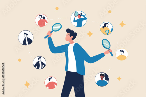 Recruitment finding candidate for job applicant, human resources HR analyze or scan candidate winner, search new people for job opportunity concept, HR recruiter magnifying glass analyze candidate.