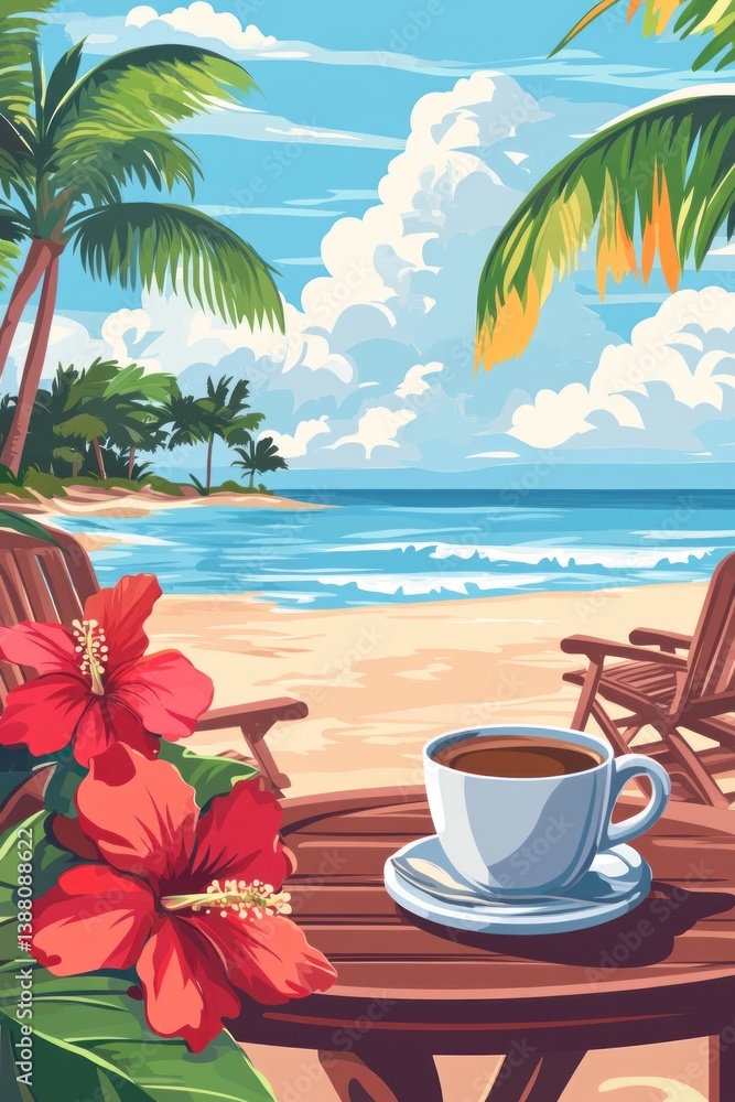 Fototapeta premium Tropical beach scene features coffee flowers and chairs for relaxation