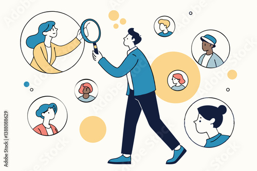Recruitment finding candidate for job applicant, human resources HR analyze or scan candidate winner, search new people for job opportunity concept, HR recruiter magnifying glass analyze candidate.