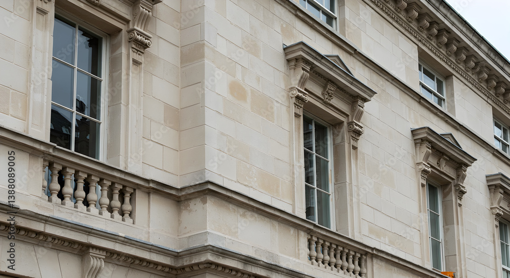 Fototapeta premium Limestone Facade Of Neoclassical Building Restored With Window Details