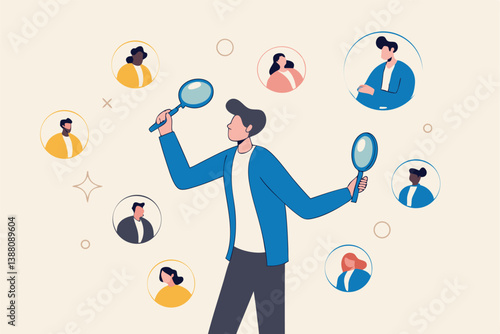 Recruitment finding candidate for job applicant, human resources HR analyze or scan candidate winner, search new people for job opportunity concept, HR recruiter magnifying glass analyze candidate.