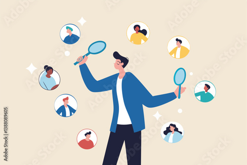Recruitment finding candidate for job applicant, human resources HR analyze or scan candidate winner, search new people for job opportunity concept, HR recruiter magnifying glass analyze candidate.