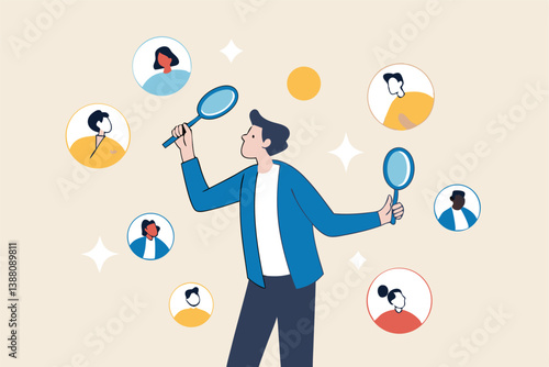 Recruitment finding candidate for job applicant, human resources HR analyze or scan candidate winner, search new people for job opportunity concept, HR recruiter magnifying glass analyze candidate.