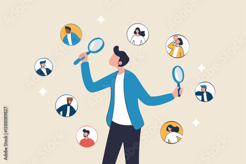 Recruitment finding candidate for job applicant, human resources HR analyze or scan candidate winner, search new people for job opportunity concept, HR recruiter magnifying glass analyze candidate.