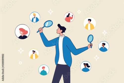 Recruitment finding candidate for job applicant, human resources HR analyze or scan candidate winner, search new people for job opportunity concept, HR recruiter magnifying glass analyze candidate.