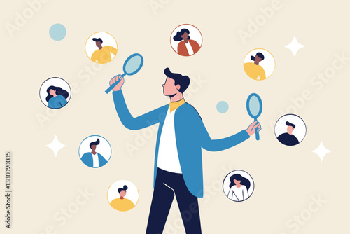 Recruitment finding candidate for job applicant, human resources HR analyze or scan candidate winner, search new people for job opportunity concept, HR recruiter magnifying glass analyze candidate.