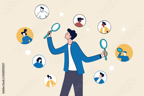 Recruitment finding candidate for job applicant, human resources HR analyze or scan candidate winner, search new people for job opportunity concept, HR recruiter magnifying glass analyze candidate.