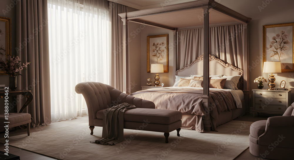 Elegant Bedroom Interior Design Featuring Canopy Bed and Velvet Chaise Lounge Elegant Bedroom Interior Design Featuring Canopy Bed and Velvet Chaise Lounge