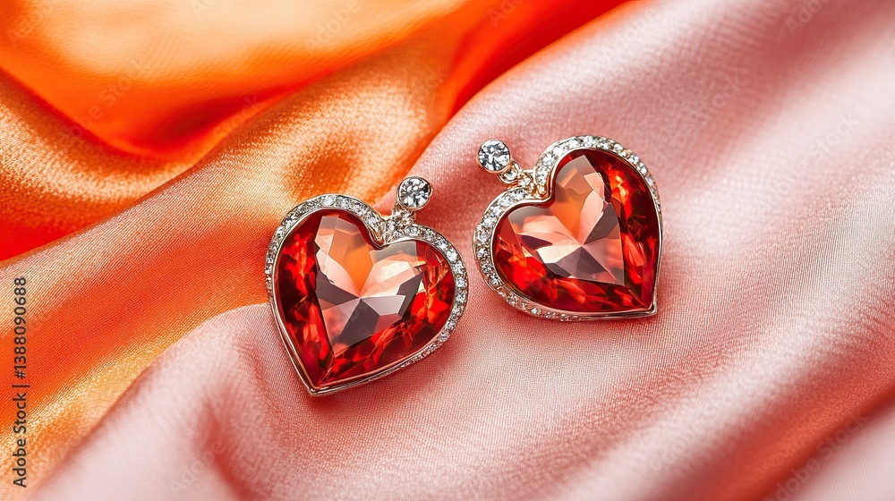 Earrings in heart form shining on gradient cloth from pink to orange Earrings in heart form shining on gradient cloth from pink to orange