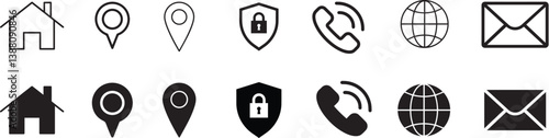  minimalist design, home symbol, location pin, shield emblem, telephone receiver, globe icon, envelope graphic, user interface elements, website navigation buttons, simple line