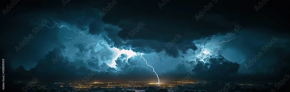 Night thunderstorm with lightning striking dark clouds, city silhouette illuminated by intense flashes, dramatic atmospheric tension, moody cinematic lighting. Night thunderstorm with lightning striking dark clouds, city silhouette illuminated by intense flashes, dramatic atmospheric tension, moody cinematic lighting.