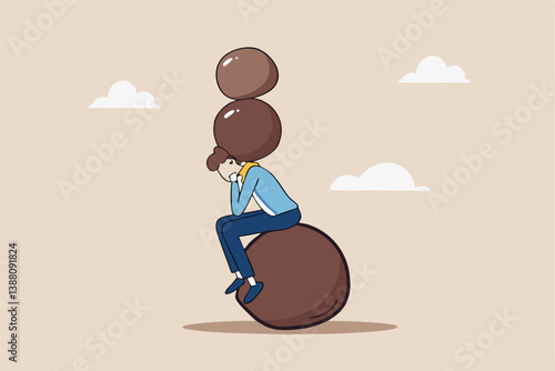 Burden, obligation to pay off, heavy stress, problem or difficulty, work pressure, thinking to make a decision, overload of duty or overthinking concept, a businessman thinking with a he boulder rock.