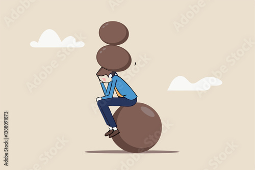 Burden, obligation to pay off, heavy stress, problem or difficulty, work pressure, thinking to make a decision, overload of duty or overthinking concept, a businessman thinking with a he boulder rock.