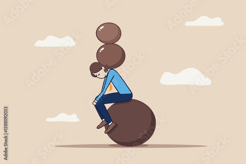 Burden, obligation to pay off, heavy stress, problem or difficulty, work pressure, thinking to make a decision, overload of duty or overthinking concept, a businessman thinking with a he boulder rock.