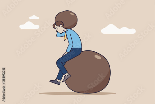 Burden, obligation to pay off, heavy stress, problem or difficulty, work pressure, thinking to make a decision, overload of duty or overthinking concept, a businessman thinking with a he boulder rock.