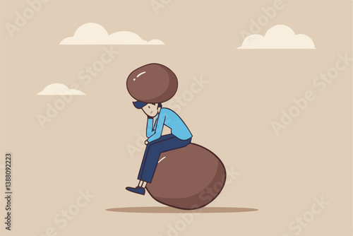 Burden, obligation to pay off, heavy stress, problem or difficulty, work pressure, thinking to make a decision, overload of duty or overthinking concept, a businessman thinking with a he boulder rock.
