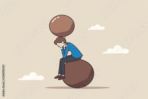Burden, obligation to pay off, heavy stress, problem or difficulty, work pressure, thinking to make a decision, overload of duty or overthinking concept, a businessman thinking with a he boulder rock.