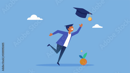 Falling Coins A graduate trying to catch coins falling from an open loan statement illustrating how debt makes it difficult to accumulate savings.