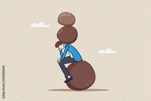 Burden, obligation to pay off, heavy stress, problem or difficulty, work pressure, thinking to make a decision, overload of duty or overthinking concept, a businessman thinking with a he boulder rock.