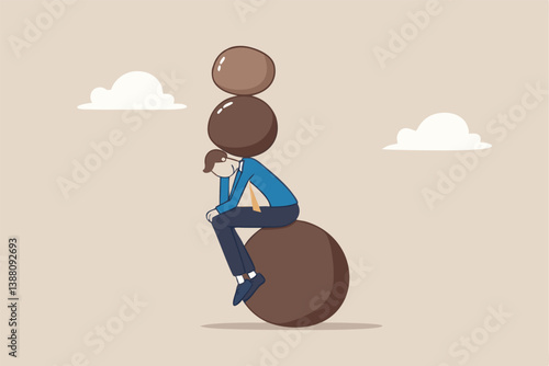 Burden, obligation to pay off, heavy stress, problem or difficulty, work pressure, thinking to make a decision, overload of duty or overthinking concept, a businessman thinking with a he boulder rock.