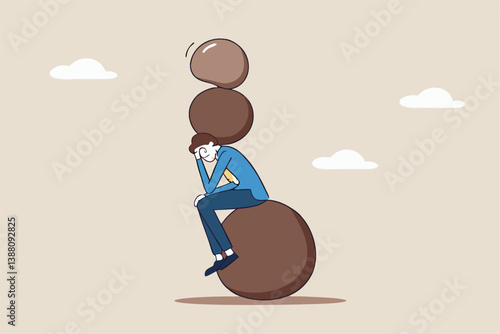 Burden, obligation to pay off, heavy stress, problem or difficulty, work pressure, thinking to make a decision, overload of duty or overthinking concept, a businessman thinking with a he boulder rock.