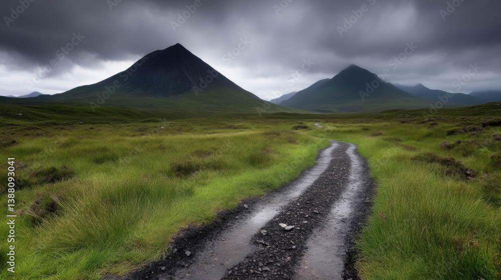 Misty Highland Trail. A gravel path winds through a lush, green valley, leading towards dramatic, dark peaks beneath a stormy sky Misty Highland Trail. A gravel path winds through a lush, green valley, leading towards dramatic, dark peaks beneath a stormy sky
