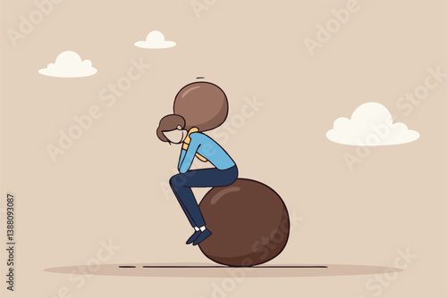 Burden, obligation to pay off, heavy stress, problem or difficulty, work pressure, thinking to make a decision, overload of duty or overthinking concept, a businessman thinking with a he boulder rock.