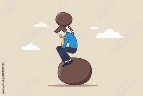 Burden, obligation to pay off, heavy stress, problem or difficulty, work pressure, thinking to make a decision, overload of duty or overthinking concept, a businessman thinking with a he boulder rock.