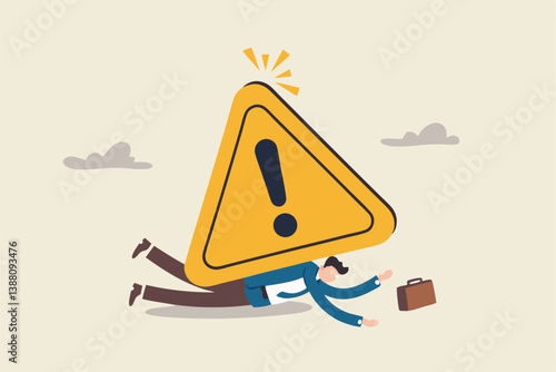 Caution or mistake attention, risk alarm with exclamation point symbol, error or failure warning, bankruptcy notice alert, problem attention concept, frustrated businessman fall under attention sign.