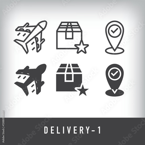 Airplane, location and star cargo. Simple linear and flat delivery icon set.