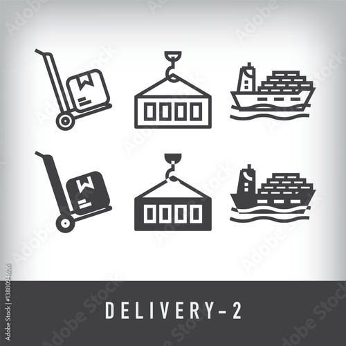 Delivery, freight transport and cargo ship. Simple linear and flat delivery icon set.