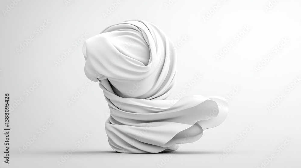 Obraz premium A sculpted form of white fabric is the images focus, its folds creating an abstract shape. The simple composition is set against a plain white background. The high-quality rendering shows smooth surf