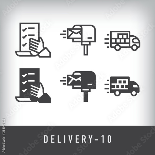 Contract, mailing and transportation design. Simple linear and flat delivery icon set. 