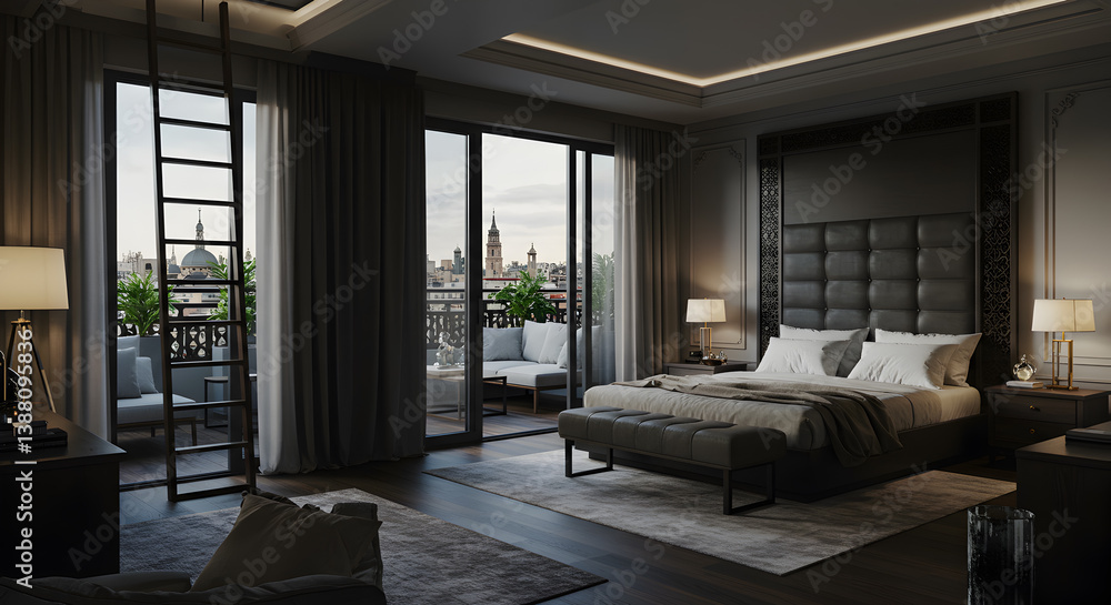 Fototapeta premium Opulent Bedroom Interior With Rooftop Terrace And Cityscape View