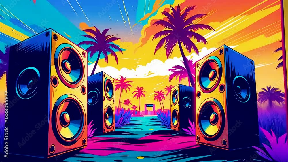 Colorful music party illustration with palm trees and tropical speaker setup