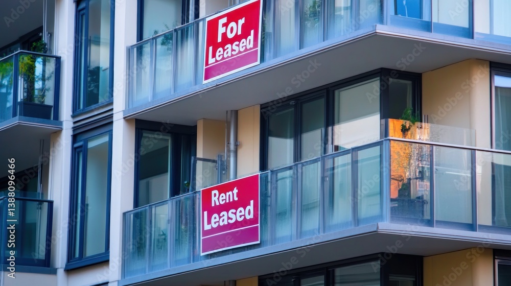 Fototapeta premium Apartment Building with for Lease and Rent Leased Signs on Balconies