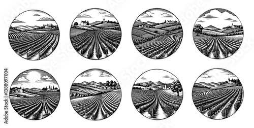 Vineyard Woodcuts Black and White Vintage Landscapes set,wine label,Vintage Engraved,ink hand drawn style illustration, vector.