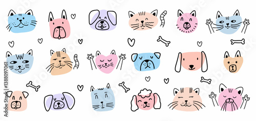Vector collection of hand-drawn cat and dog faces in doodle style