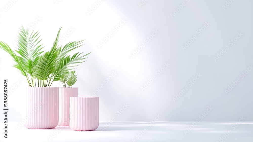 Three pink ribbed planters hold greenery against a white wall. A larger plant is in the biggest pot, with smaller plants in smaller pots. The image is digitally rendered, high-resolution, and bright Three pink ribbed planters hold greenery against a white wall. A larger plant is in the biggest pot, with smaller plants in smaller pots. The image is digitally rendered, high-resolution, and bright
