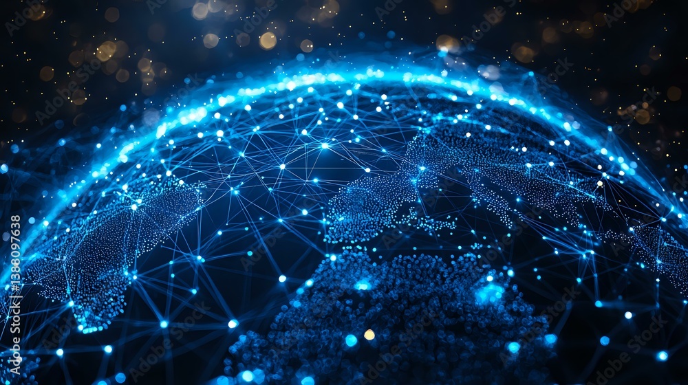 Glowing blue network connections on dark globe surface with light effects and particle dots showing worldwide digital communications technology. Glowing blue network connections on dark globe surface with light effects and particle dots showing worldwide digital communications technology.