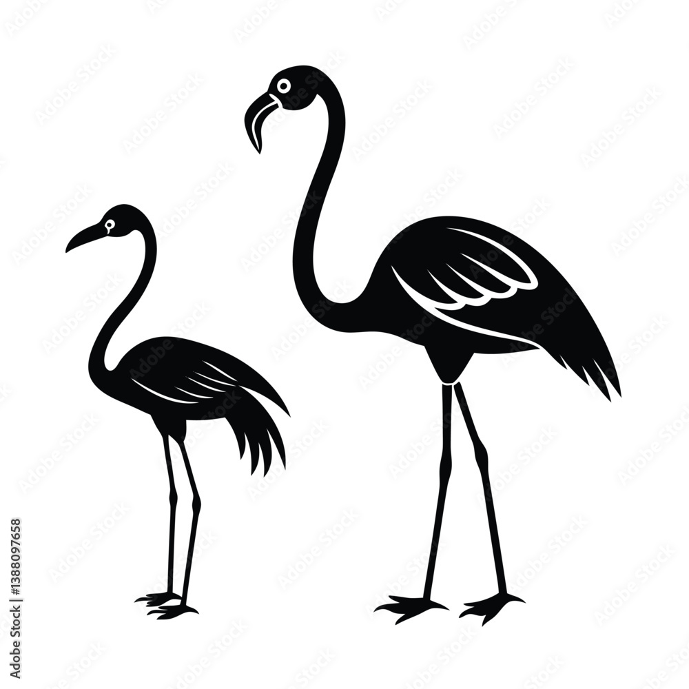 Fototapeta premium Exotic birds flamingo isolated Isolated Black Vector Silhouette Illustration With White Background