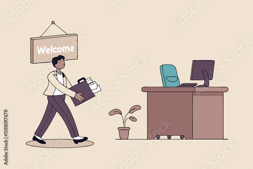 Start new job, onboarding new hire or begin career position, employee move to new office or opportunity, employment and recruitment concept, businessman starting new job walk to welcome office desk.
