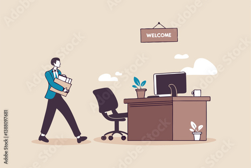 Start new job, onboarding new hire or begin career position, employee move to new office or opportunity, employment and recruitment concept, businessman starting new job walk to welcome office desk.