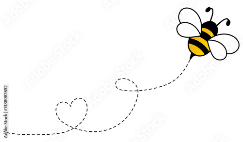 Flying bee dotted route with heart shape. Bumblebee with spotted line path. Vector illustration isolated on white.