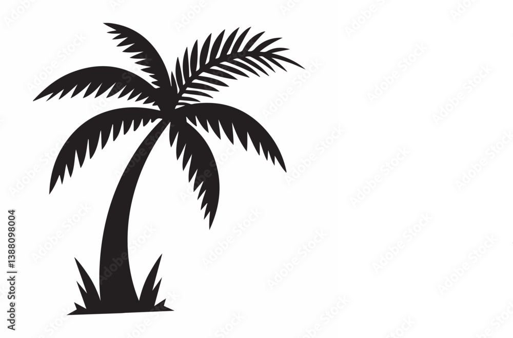 Fototapeta premium Silhouette of a palm tree with a tropical beach landscape, sun, and ocean, perfect for summer vacation vibes