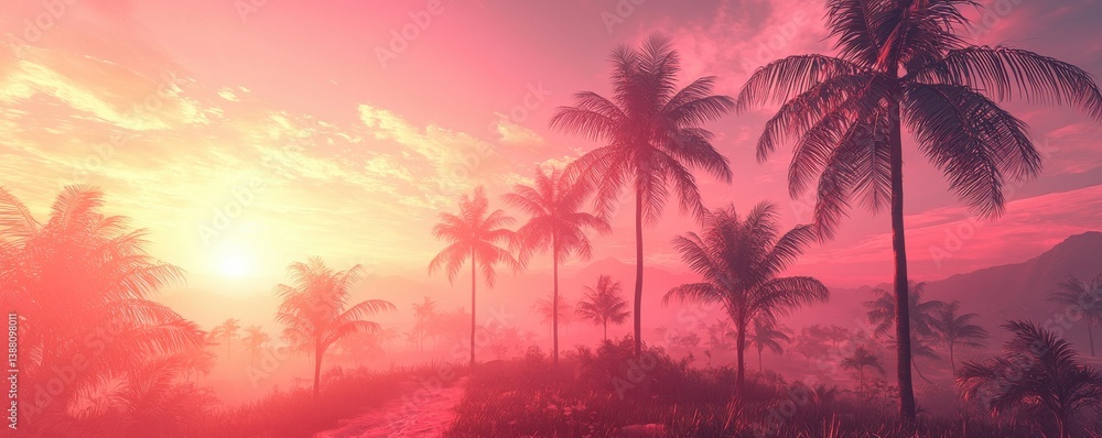 Scenic view of tropical palm trees beneath a vibrant pink sunset sky Scenic view of tropical palm trees beneath a vibrant pink sunset sky