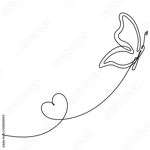 Butterfly flying continuous line art drawing. Cute butterfly with curve line and heart shape. Vector illustration isolated on white.