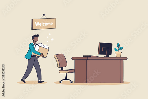 Start new job, onboarding new hire or begin career position, employee move to new office or opportunity, employment and recruitment concept, businessman starting new job walk to welcome office desk.