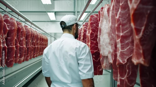 Young caucasian man inspecting hanging meat slabs in a storage facility with focused attention on quality control and safety