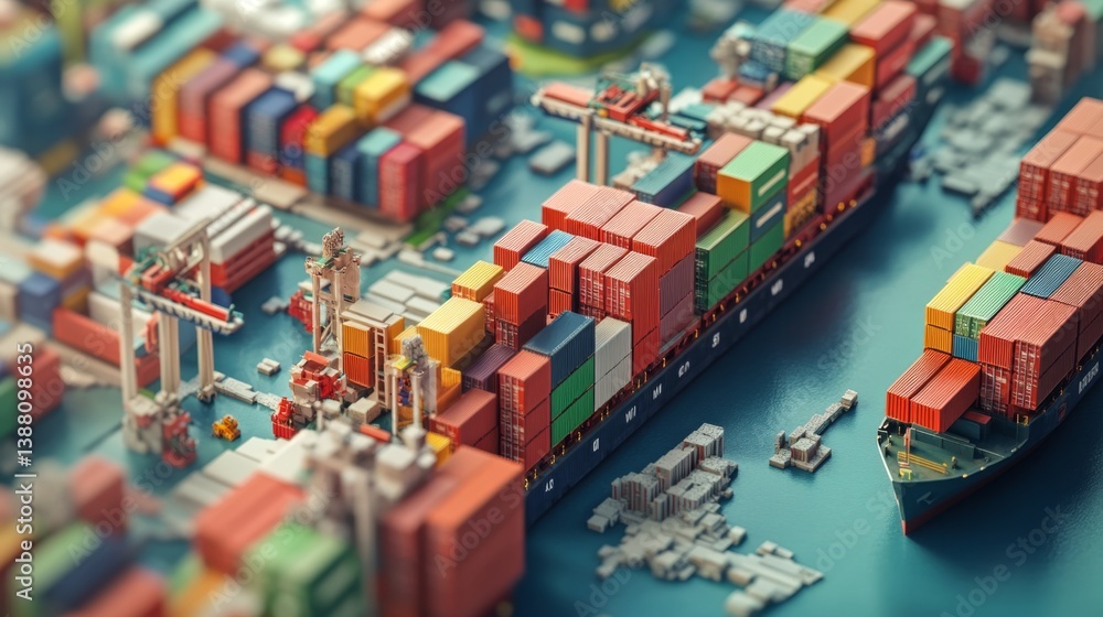 Obraz premium Shipping containers loaded on cargo ship port city digital art urban environment aerial view logistics management